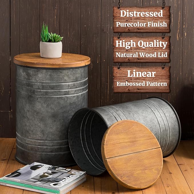Glitzhome Farmhouse Accent Side Table, Metal Storage Stool Ottoman with Round Lid - Galvanized Coffee Cocktail End Tables Set of 2 for Living Room Bedroom, Grey
