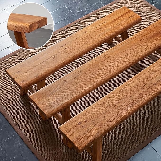 Farmhouse Wood Bench Indoor - 63Inch entryway Bench, Natural Solid Wood, Durable and Sturdy, Suitable for Dining Room, Bedroom, Porch and Other Narrow Spaces