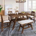 Merax 6 Piece Wood Counter Height Dining Table Set with Storage Shelf, Beige Cushion, Kitchen Table Set with Bench and 4 Chairs, Rustic Style, Walnut