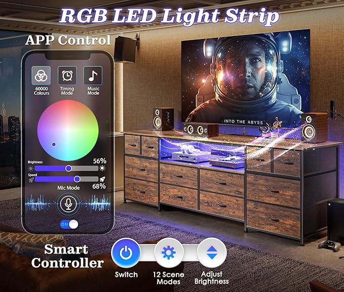 Huuger 63 Inch Dresser TV Stand with LED Lights, Power Outlets and USB-C Port, 12 Fabric Drawer Dresser for Bedroom, Entertainment Center for 65, 70 Inch TV, Media Console, Open Shelf, Rustic Brown