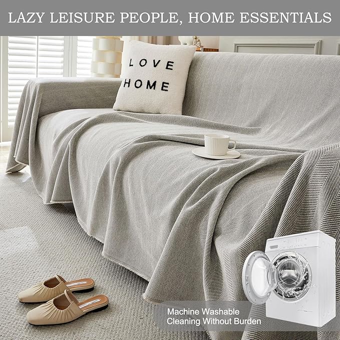 STACYPIK Silver Gray Chenille Sofa Covers, Herringbone Jacquard Sectional Couch Cover, Furniture Protector for 3 Cushion Couch, L-Shaped Sofa Covers for Loveseat, Washable Multi-use Blankets-91X134IN