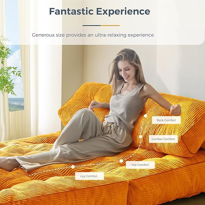 MAXYOYO Folding Sofa Bed, Convertible Sleeper Chair with Pillow Foldable Matress with Back Support, Portable Fold Out Chair Bed Comfy Floor Sofa Lounge for Living Room Bedroom, Orange Double