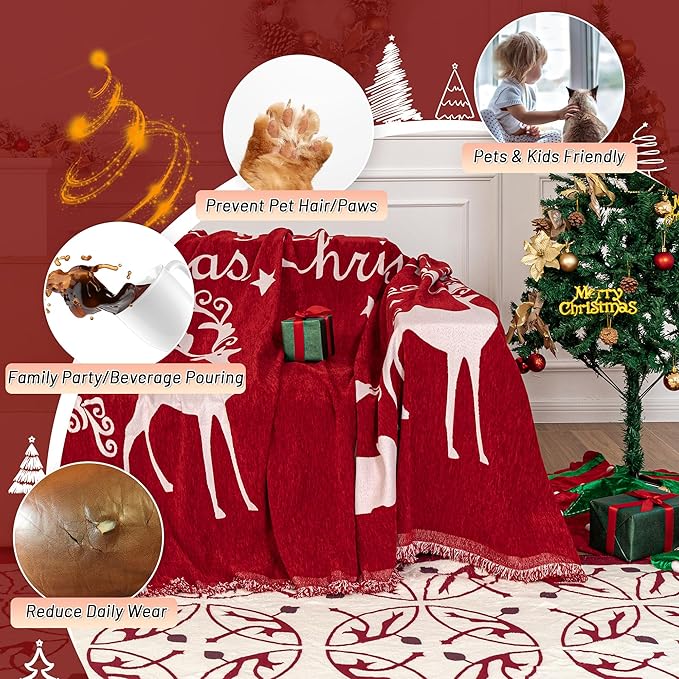 MYSKY HOME Christmas Couch Cover for Dogs, Washable Couch Covers, Non Slip Sofa Slipcover, Couch Cover 2 Cushion Sofa Dogs Furniture Protector, Chenille Sofa Covers for Pets, Kids, 71"x102", Red