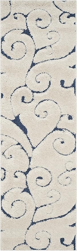 SAFAVIEH Florida Shag Collection Runner Rug - 2'3" x 17', Cream & Blue, Scroll Design, Non-Shedding & Easy Care, 1.2-inch Thick Ideal for High Traffic Areas in Living Room, Bedroom (SG455-1165)
