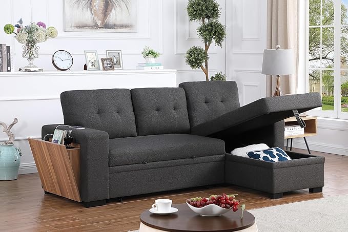 Devion Furniture Philly 4-in-1 Convertible L Shaped Couch with Pull Out Bed and Storage, Sectional Sleeper Sofa with Reversible Chaise for Living Room, Apartment, Bedroom, Office