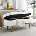 Oval Storage Bench 43.5" Linen Fabric Upholstered Entryway Bench with Solid Wood Legs Ottoman Bench Indoor Bench for Living Room/Bedroom/End of Bed/Entryway (White)