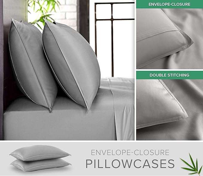Full Sheets by Pure Bamboo, Genuine 100% Organic Viscose Derived from Bamboo Bed Sheet Set, Luxuriously Soft & Cooling, Double Stitching, Lifetime Quality Promise (Full, Stone Grey)