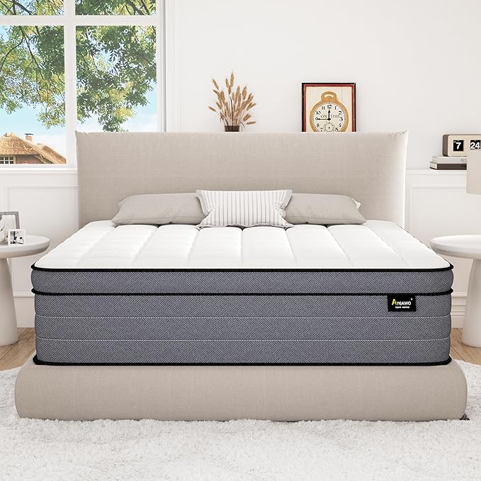 California King Mattress, 12 Inch Cal King Hybrid Mattress with Pressure Relief Gel Memory Foam & Motion Isolation Pocketed Springs, Firm Cali King Bed in a Box, CertiPUR-US