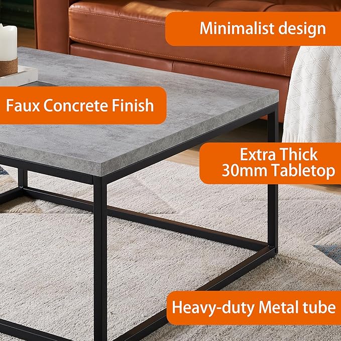 CENSI 40-Inch Concrete Accent Coffee Table Ottoman for Living Room, Rectangle, Mid-Century Modern Industrial Style, Extra Thick Top, Wood and Metal (Grey Marble)