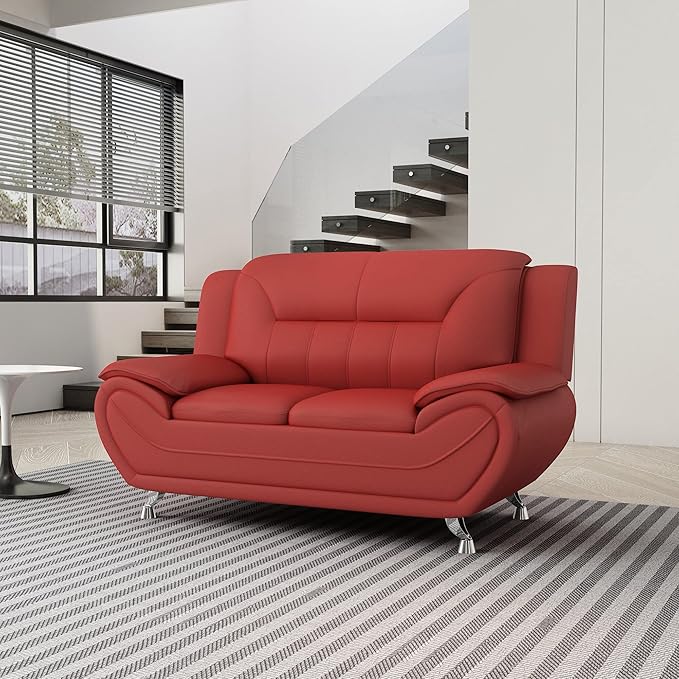 Container Furniture Direct Michael Modern Faux Leather Upholstered Stainless Steel Legs Living Room Loveseat, Persian Red