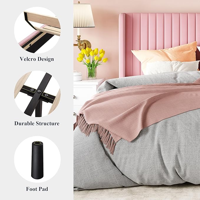 Allewie Queen Size Velvet Bed Frame/Vertical Channel Tufted Wingback Headboard/Upholstered Platform Bed/Strong Wooden Slats/No Box Spring Needed/Easy Assembly/Pink