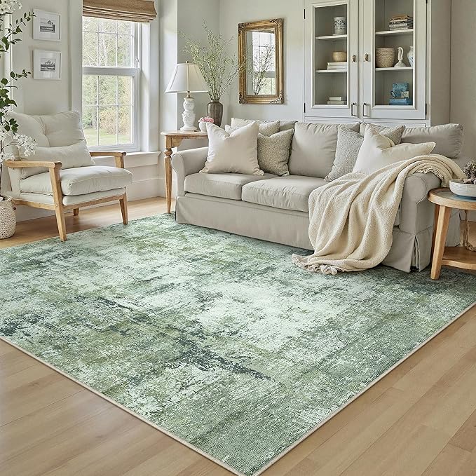 6x9 Washable Area Rug Dark Green Modern Neutral Abstract Living Room Bedroom Indoor Floor Carpet Low Pile Soft Non-Slip Lightweight Vacuumable Throw Rug for Nursery Dining Room Office