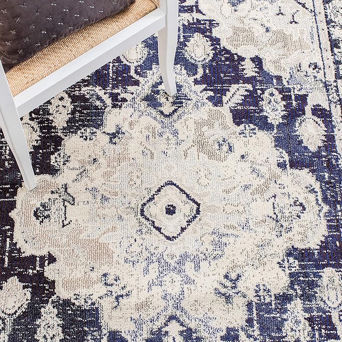 SAFAVIEH Monaco Collection Area Rug - 9' x 12', Ivory & Navy, Boho Chic Medallion Distressed Design, Non-Shedding & Easy Care, Ideal for High Traffic Areas in Living Room, Bedroom (MNC243C)