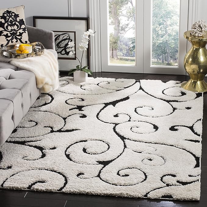SAFAVIEH Florida Shag Collection Accent Rug - 4' x 6', Ivory & Black, Scroll Design, Non-Shedding & Easy Care, 1.2-inch Thick Ideal for High Traffic Areas in Foyer, Living Room, Bedroom (SG455-1290)