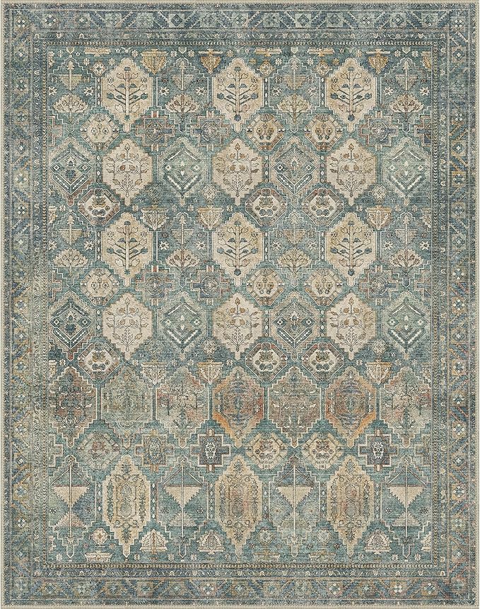 GENIMO 5x7 Area Rugs for Living Room, Machine Washable Non Slip Vintage Rugs, Low Pile Lightweight Chenille Print Rug for Bedroom, Dining Room, Home Office, Sage Teal
