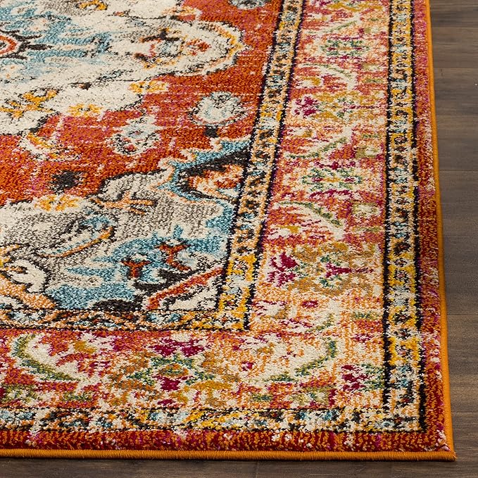 SAFAVIEH Monaco Collection Area Rug - 8' x 10', Orange & Light Blue, Boho Chic Medallion Distressed Design, Non-Shedding & Easy Care, Ideal for High Traffic Areas in Living Room, Bedroom (MNC243H)