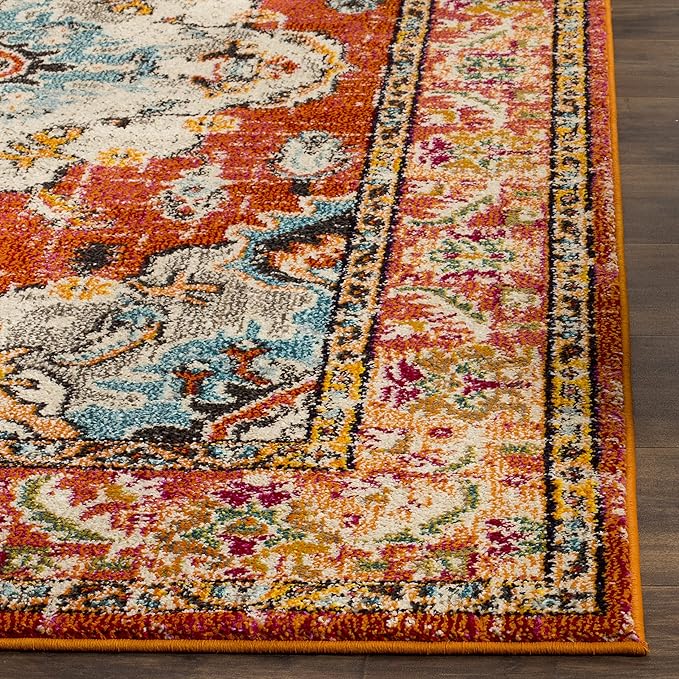 SAFAVIEH Monaco Collection Area Rug - 10' x 14', Orange & Light Blue, Boho Chic Medallion Distressed Design, Non-Shedding & Easy Care, Ideal for High Traffic Areas in Living Room, Bedroom (MNC243H)
