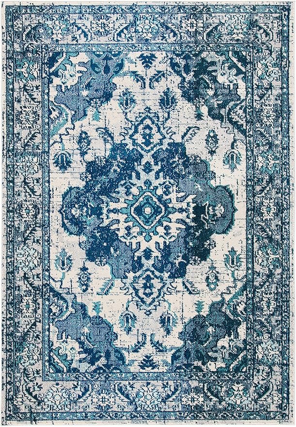 SAFAVIEH Monaco Collection Accent Rug - 4' x 5'7", Ivory & Blue, Boho Medallion Distressed Design, Non-Shedding & Easy Care, Ideal for High Traffic Areas in Entryway, Living Room, Bedroom (MNC243A)