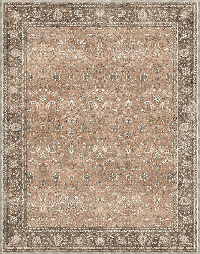 10X14 Area Rugs Machine Washable Rugs for Living Room, Vintage Boho Large Rugs for Bedroom Dining Room, Non Slip Indoor Soft Distressed Lightweight Thin Low Pile Carpet, Chestnut