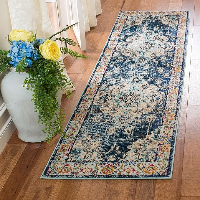 SAFAVIEH Monaco Collection Runner Rug - 2'2" x 10', Navy & Light Blue, Boho Chic Medallion Distressed Design, Non-Shedding & Easy Care, Ideal for High Traffic Areas in Living Room, Bedroom (MNC243N)