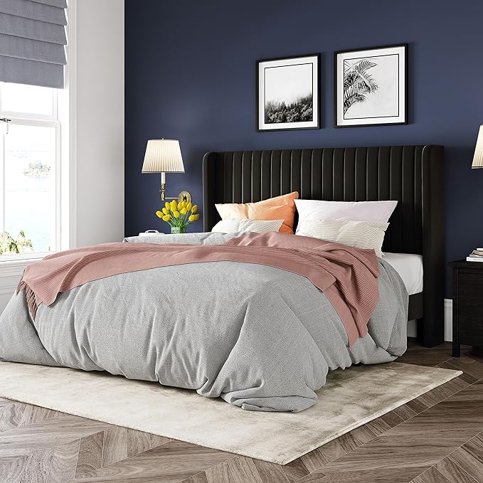 Allewie Full Size Velvet Bed Frame/Vertical Channel Tufted Wingback Headboard/Upholstered Platform Bed/Strong Wooden Slats/No Box Spring Needed/Easy Assembly/Black