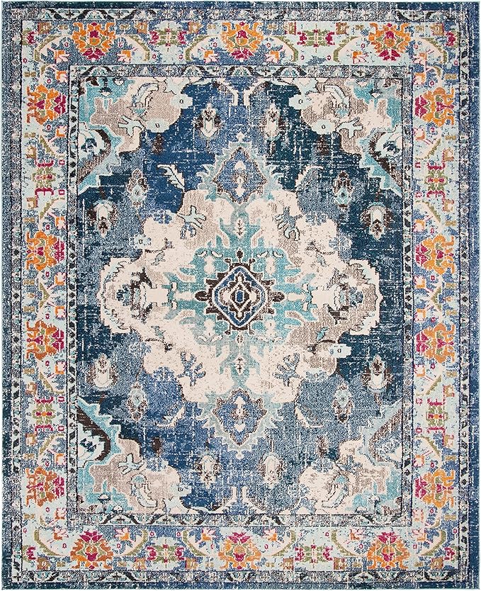 SAFAVIEH Monaco Collection X-Large Area Rug - 11' x 15', Navy & Light Blue, Medallion Distressed Design, Non-Shedding & Easy Care, Ideal for High Traffic Areas in Living Room, Bedroom (MNC243N)