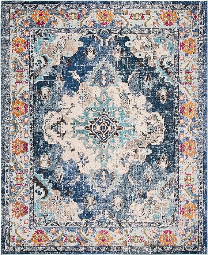SAFAVIEH Monaco Collection Area Rug - 8' x 10', Navy & Light Blue, Boho Chic Medallion Distressed Design, Non-Shedding & Easy Care, Ideal for High Traffic Areas in Living Room, Bedroom (MNC243N)