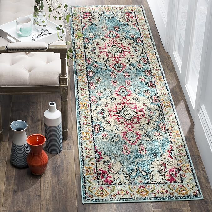SAFAVIEH Monaco Collection Runner Rug - 2'2" x 14', Light Blue & Fuchsia, Medallion Distressed Design, Non-Shedding & Easy Care, Ideal for High Traffic Areas in Living Room, Bedroom (MNC243J)