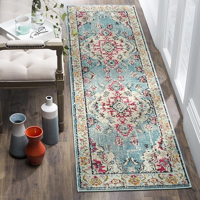 SAFAVIEH Monaco Collection Runner Rug - 2'2" x 8', Light Blue & Fuchsia, Boho Chic Medallion Distressed Design, Non-Shedding & Easy Care, Ideal for High Traffic Areas in Living Room, Bedroom (MNC243J)