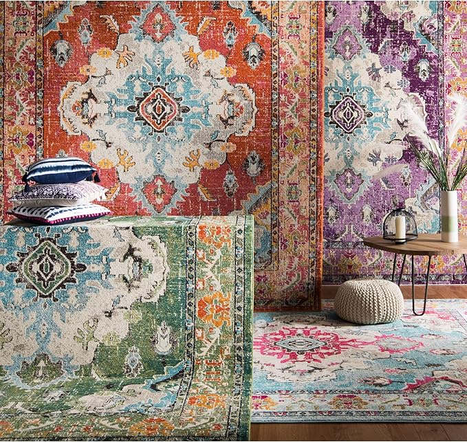 SAFAVIEH Monaco Collection Area Rug - 6'7" x 9'2", Orange & Light Blue, Boho Chic Medallion Distressed Design, Non-Shedding & Easy Care, Ideal for High Traffic Areas in Living Room, Bedroom (MNC243H)