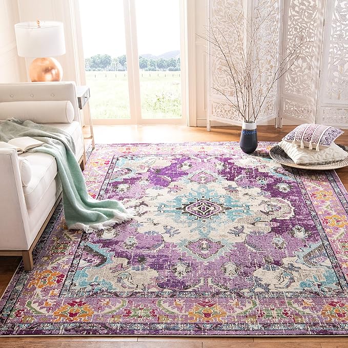 SAFAVIEH Monaco Collection Area Rug - 9' x 12', Violet & Light Blue, Boho Chic Medallion Distressed Design, Non-Shedding & Easy Care, Ideal for High Traffic Areas in Living Room, Bedroom (MNC243L)