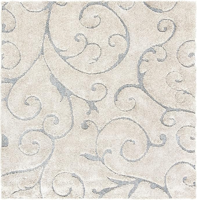 SAFAVIEH Florida Shag Collection Area Rug - 5' Square, Beige & Blue Grey, Scroll Design, Non-Shedding & Easy Care, 1.2-inch Thick Ideal for High Traffic Areas in Living Room, Bedroom (SG455-1155)
