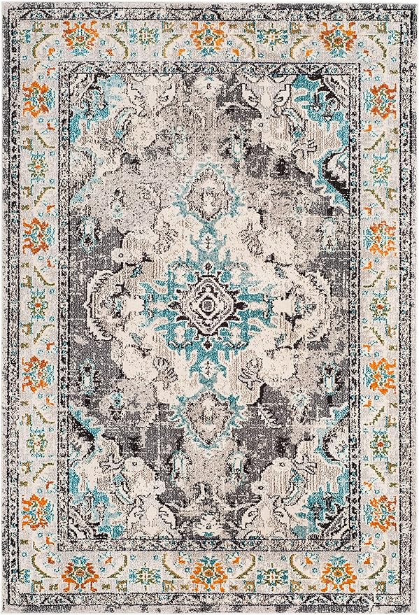 SAFAVIEH Monaco Collection X-Large Area Rug - 11' x 15', Grey & Light Blue, Medallion Distressed Design, Non-Shedding & Easy Care, Ideal for High Traffic Areas in Living Room, Bedroom (MNC243G)