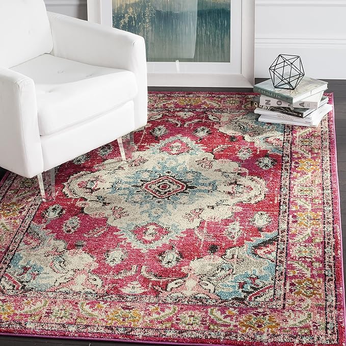 SAFAVIEH Monaco Collection Accent Rug - 3' x 5', Pink & Multi, Boho Chic Medallion Distressed Design, Non-Shedding & Easy Care, Ideal for High Traffic Areas in Entryway, Living Room, Bedroom (MNC243D)