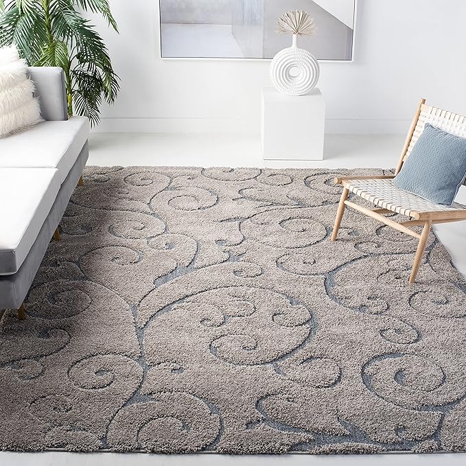 SAFAVIEH Area Rug 8x10 - Florida Shag Collection - Large - Grey & Light Blue, Scroll Design, Non-Shedding & Easy Cleaning, Plush Thick Pile, Ideal for Living Room, Bedroom, Dining Space (SG455-1160)