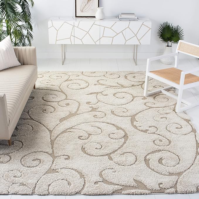SAFAVIEH Florida Shag Collection X-Large Area Rug - 11' x 15', Cream & Beige, Scroll Design, Non-Shedding & Easy Care, 1.2-inch Thick Ideal for High Traffic Areas in Living Room, Bedroom (SG455-1113)