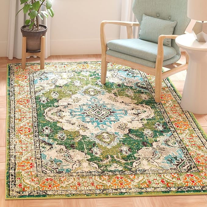SAFAVIEH Monaco Collection X-Large Area Rug - 12' x 18', Forest Green & Light Blue, Medallion Distressed, Non-Shedding & Easy Care, Ideal for High Traffic Areas in Living Room, Bedroom (MNC243F)