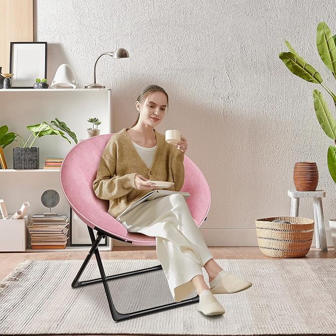 Saucer Chair with Faux Fur Cover - Foldable Moon Chair for Teens & Adults, Large Circle Seat Perfect for Bedroom, Living Room & Playroom, Soft Gaming Chair for Compact Spaces, Pink