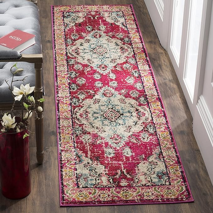 SAFAVIEH Monaco Collection Runner Rug - 2'2" x 6', Pink & Multi, Boho Chic Medallion Distressed Design, Non-Shedding & Easy Care, Ideal for High Traffic Areas in Living Room, Bedroom (MNC243D)