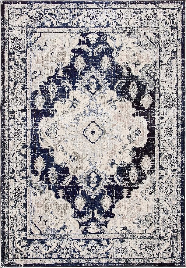 SAFAVIEH Monaco Collection Area Rug - 9' x 12', Ivory & Navy, Boho Chic Medallion Distressed Design, Non-Shedding & Easy Care, Ideal for High Traffic Areas in Living Room, Bedroom (MNC243C)