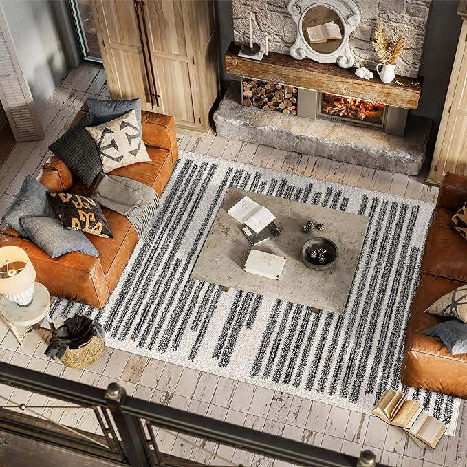 JONATHAN Y Khalil Modern Berber Stripe Cream/Black Indoor Area Rug, 4x6, Contemporary, Bohemian, Easy-Cleaning for Living Room, Bedroom, Kitchen, Pet Friendly, Non-Shedding (MOH207A-4)