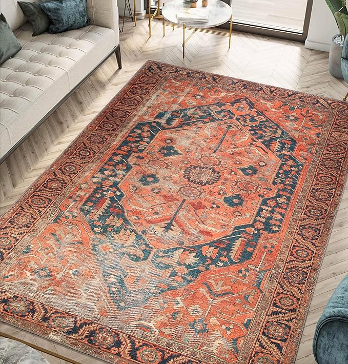 Keen Home Design 8x10 Rug - Machine Washable Area Rug with Non-Slip Backing, Ideal for Living Room, Dining Room, Bedroom - Vintage, Easy Clean, Durable, Low Pile Rug - (8' x 10')
