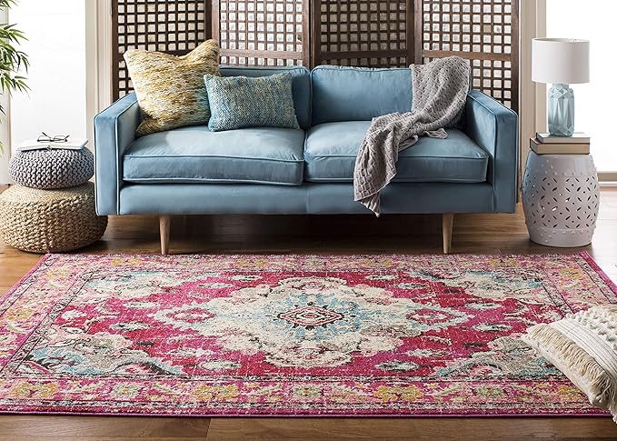 SAFAVIEH Monaco Collection Accent Rug - 3' x 5', Pink & Multi, Boho Chic Medallion Distressed Design, Non-Shedding & Easy Care, Ideal for High Traffic Areas in Entryway, Living Room, Bedroom (MNC243D)