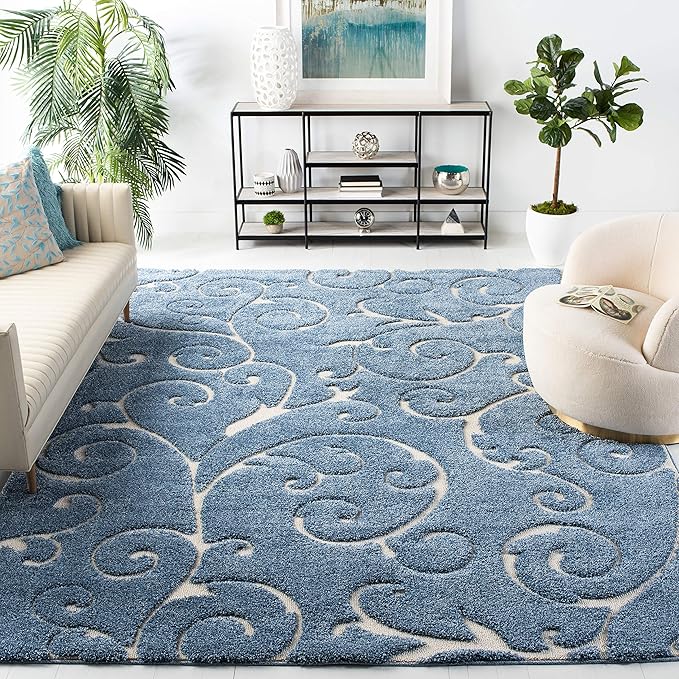 SAFAVIEH Florida Shag Collection Area Rug - 9'6" x 13', Light Blue & Cream, Scroll Design, Non-Shedding & Easy Care, 1.2-inch Thick Ideal for High Traffic Areas in Living Room, Bedroom (SG455-6011)