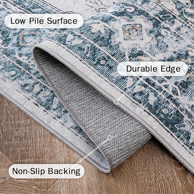 GENIMO 7'6''x9'6'' Area Rugs for Living Room, Machine Washable Non Slip Vintage Rugs, Low Pile Lightweight Chenille Print Rug for Bedroom, Dining Room, Home Office, Blue