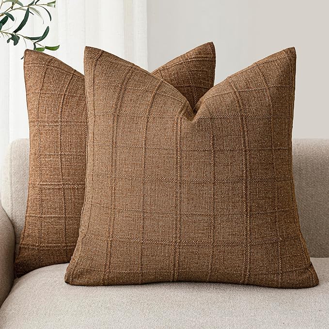 Foindtower Set of 2 Decorative Linen Check Throw Pillow Covers Neutral Farmhouse Vintage Cushion Covers Modern Boho Home Decor for Sofa Chair Couch Bedroom Living Room Outdoor,16×16 Inch,Brown Hazel