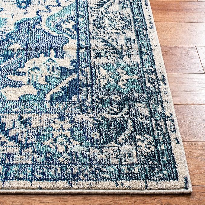 SAFAVIEH Monaco Collection Accent Rug - 4' x 5'7", Ivory & Blue, Boho Medallion Distressed Design, Non-Shedding & Easy Care, Ideal for High Traffic Areas in Entryway, Living Room, Bedroom (MNC243A)