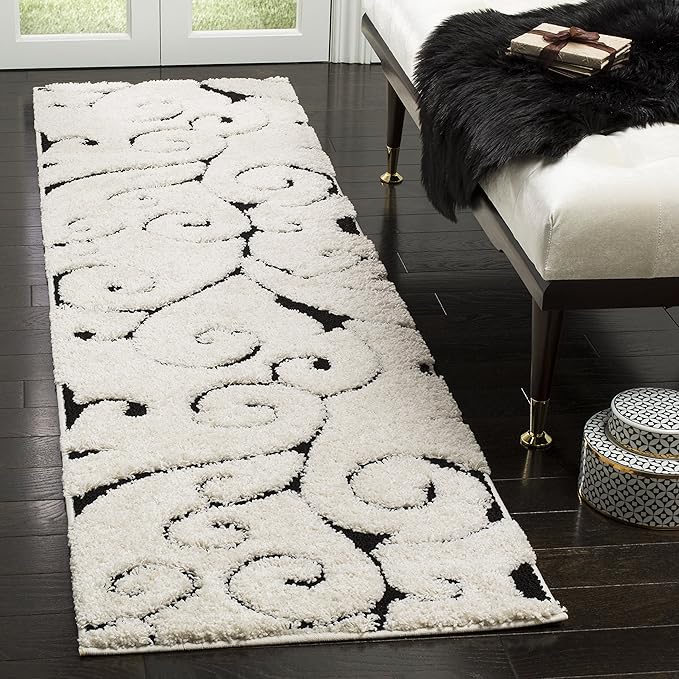 SAFAVIEH Florida Shag Collection Runner Rug - 2'3" x 9', Ivory & Black, Scroll Design, Non-Shedding & Easy Care, 1.2-inch Thick Ideal for High Traffic Areas in Living Room, Bedroom (SG455-1290)