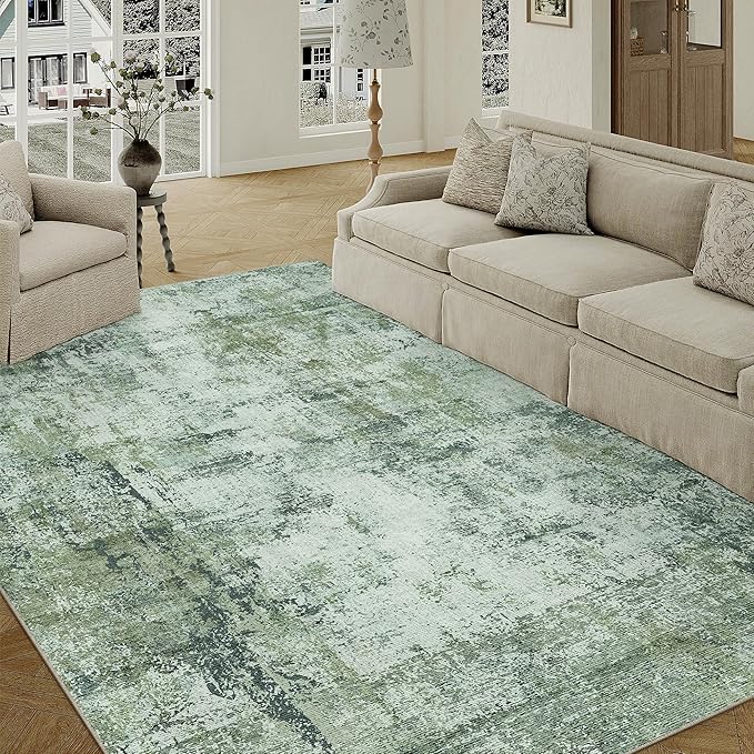 5x7 Washable Area Rug Dark Green Modern Neutral Abstract Living Room Bedroom Indoor Floor Carpet Low Pile Soft Non-Slip Lightweight Vacuumable Throw Rug for Kitchen Nursery Dining Room