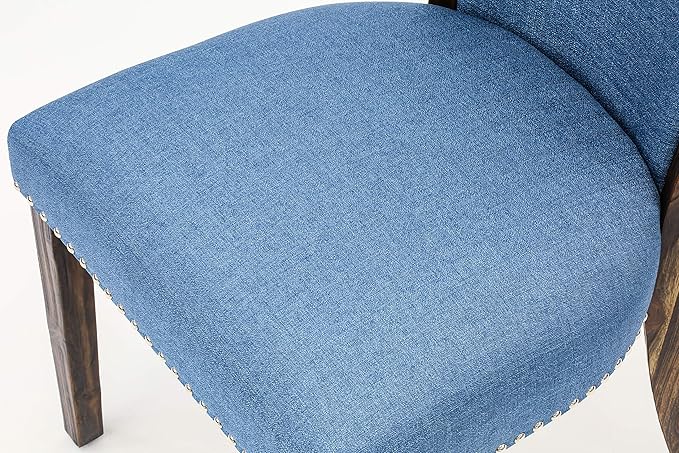 East West Furniture VEP7T21 Verona Parson Kitchen Chairs - Nailhead Trim Blue Color Linen Fabric Upholstered Dining Chairs, Set of 2, Jacobean